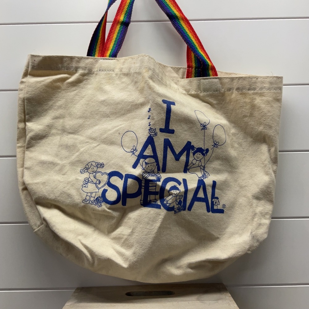 Vintage I Am Special Canvas Tote Bag Rainbow Straps Blue Graphic Retro Cream